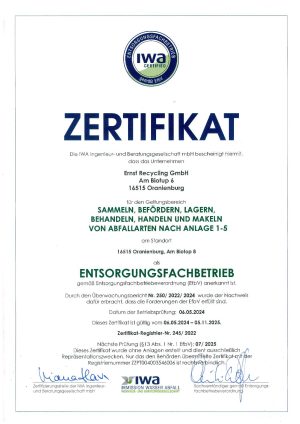 Ernst Recycling GmbH - Unsere Zertifikate
